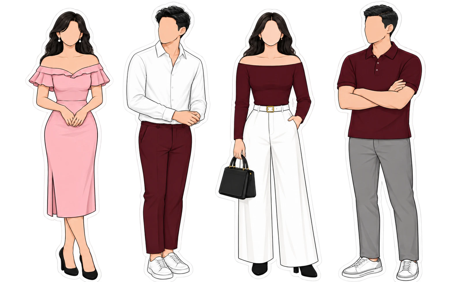 Four guests in semi-formal wear in the wedding colors — an off-shoulder rose dress, a white polo with burgundy trousers, a burgundy off-shoulder top with white trousers, and a burgundy polo with grey trousers.