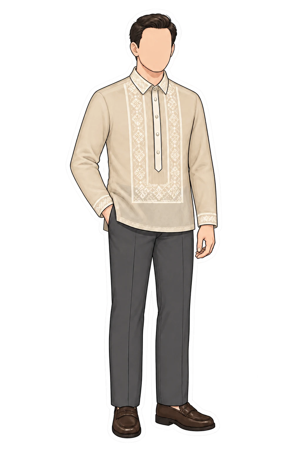 A ninong in a cream Barong Tagalog with grey trousers.